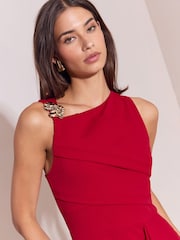 Lipsy Red Petite Gold Trim Ruffle Drape Fit And Flare Midi Dress - Image 2 of 5