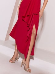 Lipsy Red Petite Gold Trim Ruffle Drape Fit And Flare Midi Dress - Image 3 of 5