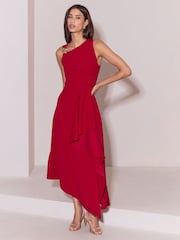 Lipsy Red Petite Gold Trim Ruffle Drape Fit And Flare Midi Dress - Image 5 of 5