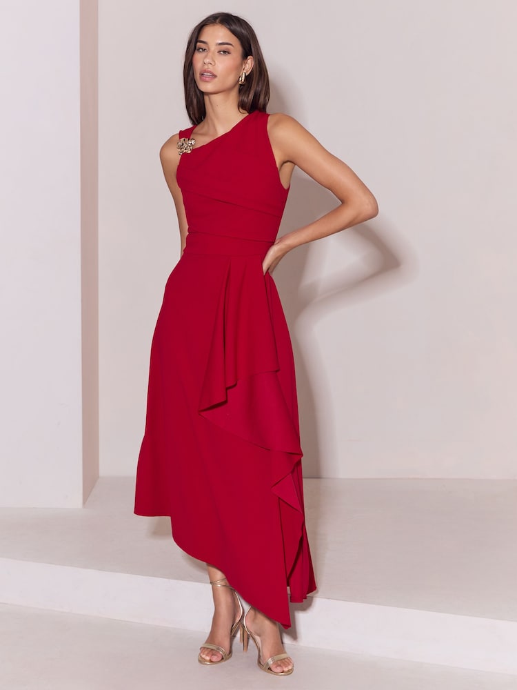 Lipsy Red Petite Gold Trim Ruffle Drape Fit And Flare Midi Dress - Image 5 of 5