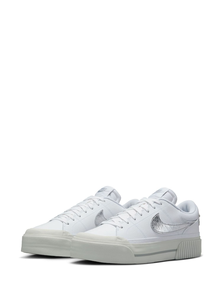 Nike White/Silver Court Legacy Lift Platform Trainers - Image 2 of 11