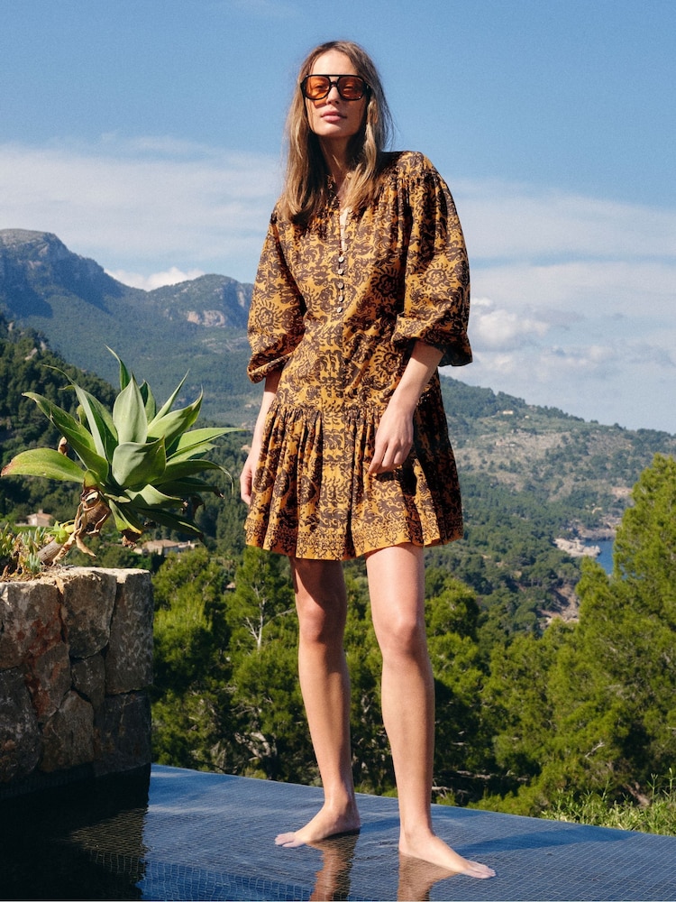 Jigsaw Yellow Batik Cotton Button Mini Dress - Image 1 of 6