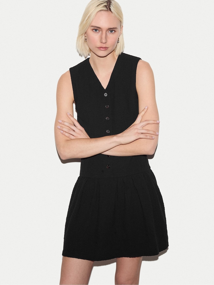 Jigsaw Black Crinkle Cotton Waistcoat Dress - Image 2 of 5 Jigsaw Black Crinkle Cotton Waistcoat Dress - Image 2 of 5