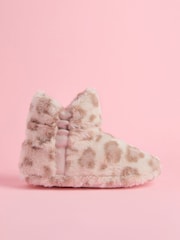 Lipsy Animal Leopard Print Cosy Faux Fur Ruched Bootie Nightwear Slippers - Image 1 of 4