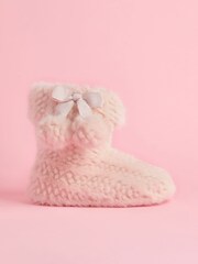 Lipsy Pink Cosy Faux Fur Pom Pom Bootie Nightwear Slippers - Image 1 of 4