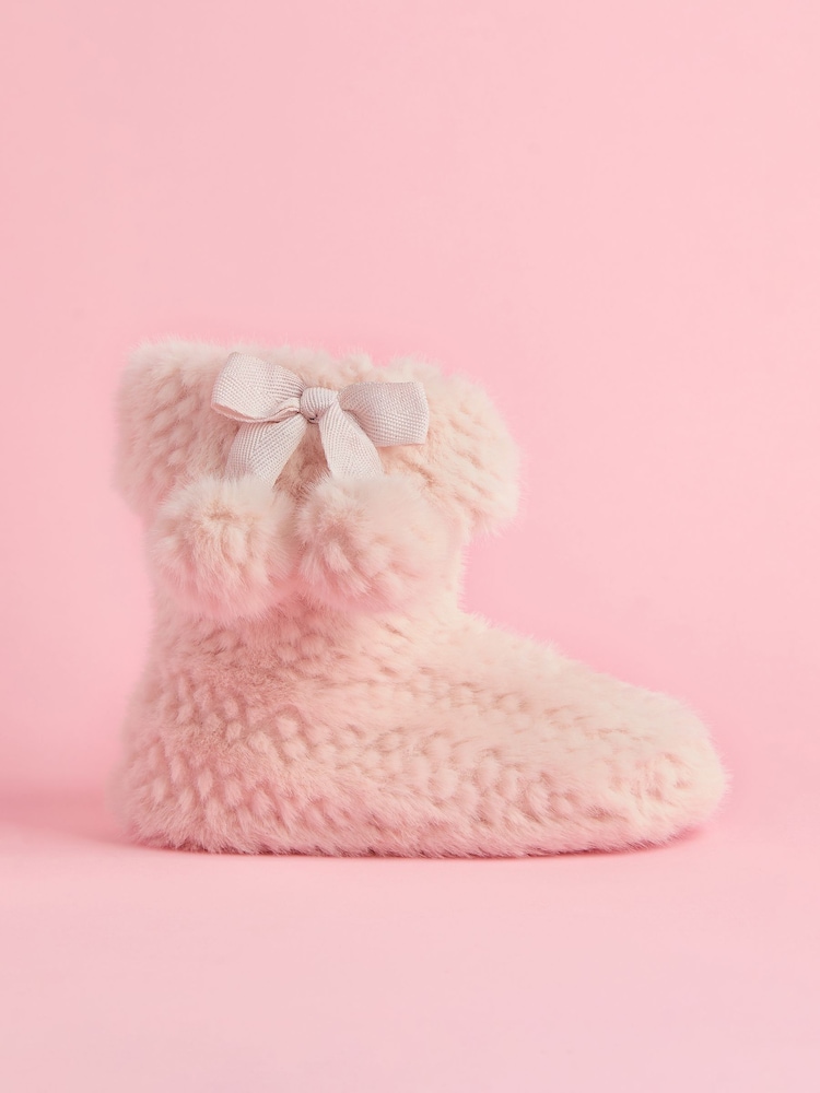 Lipsy Pink Cosy Faux Fur Pom Pom Bootie Nightwear Slippers - Image 1 of 4