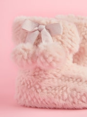 Lipsy Pink Cosy Faux Fur Pom Pom Bootie Nightwear Slippers - Image 3 of 4