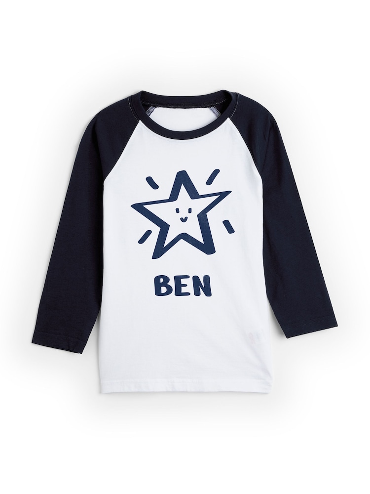Dollymix 100% Cotton Personalised Kids Long Sleeve Baseball T-Shirt - Image 1 of 4 Dollymix 100% Cotton Personalised Kids Long Sleeve Baseball T-Shirt - Image 1 of 4