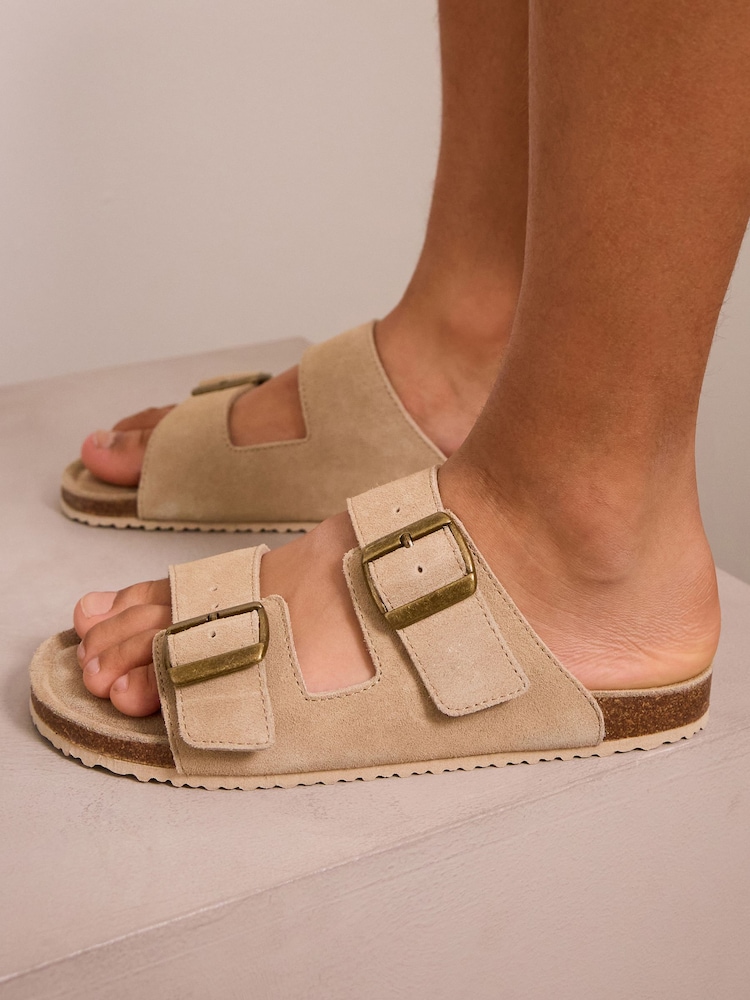 Neutral Suede Double Buckle Sandals - Image 1 of 6