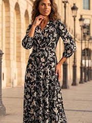 Roman Black Floral Print Midi Dress - Image 1 of 4