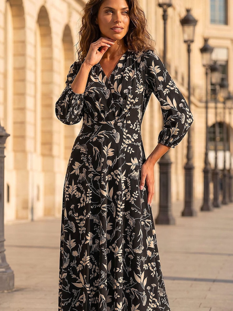 Roman Black Floral Print Midi Dress - Image 1 of 4 Roman Black Floral Print Midi Dress - Image 1 of 4
