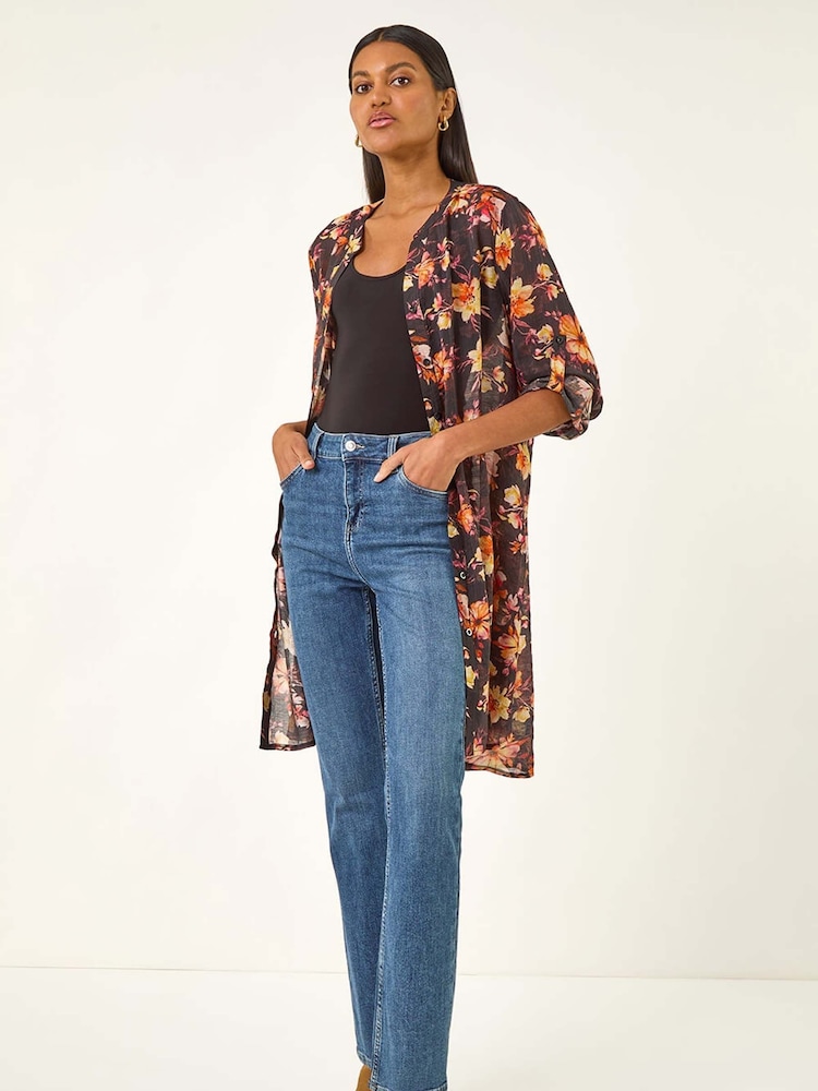 Roman Orange Floral Print Longline Blouse - Image 1 of 5 Roman Orange Floral Print Longline Blouse - Image 1 of 5