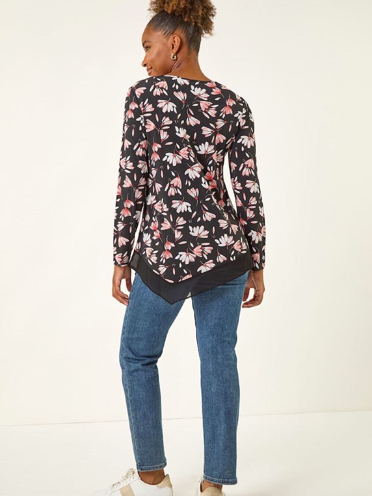 Roman Pink Floral Puff Print Stretch Top - Image 2 of 5 Roman Pink Floral Puff Print Stretch Top - Image 2 of 5
