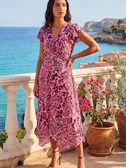 Roman Pink Animal Print Twist Front Midi Dress - Image 3 of 4