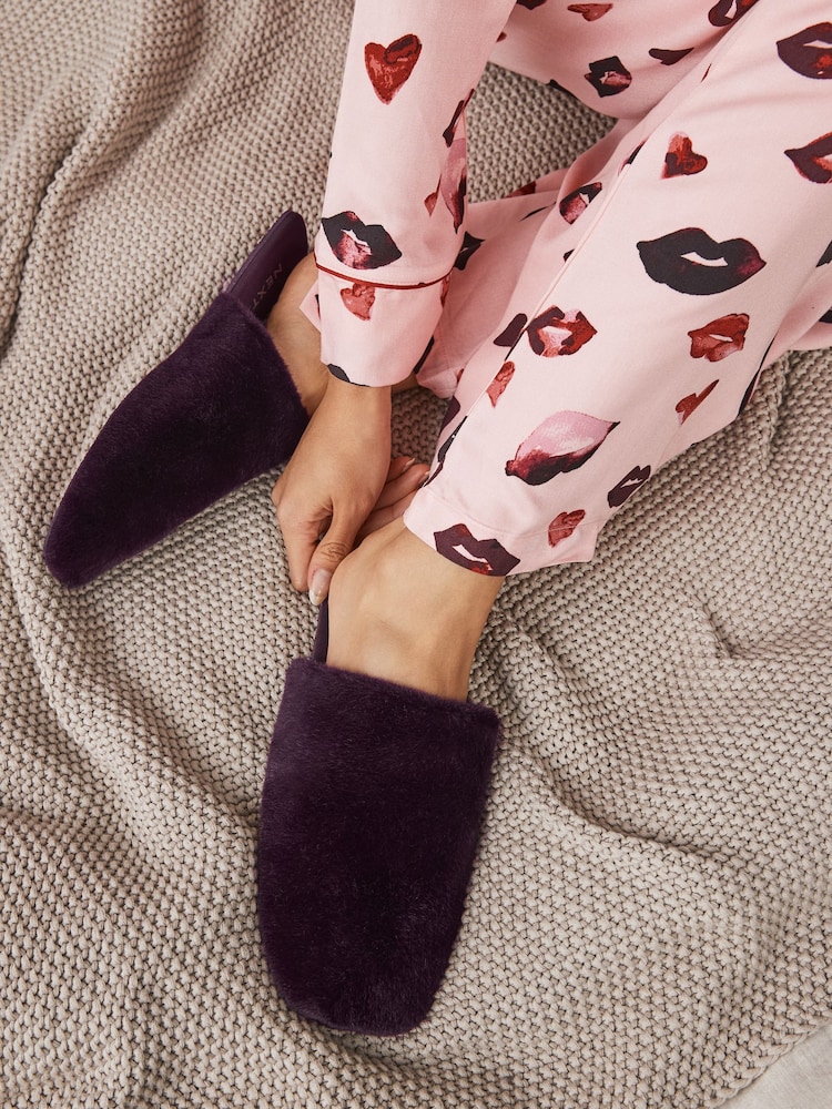 Burgundy Red Faux Fur Mule Slippers - Image 1 of 8
