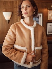 Love & Roses Tan Brown Collarless Shearling Jacket - Image 1 of 4