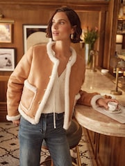 Love & Roses Tan Brown Collarless Shearling Jacket - Image 2 of 4