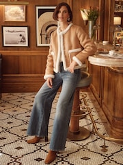 Love & Roses Tan Brown Collarless Shearling Jacket - Image 3 of 4