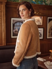 Love & Roses Tan Brown Collarless Shearling Jacket - Image 4 of 4