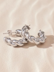 Silver Tone Stainless Steel Chunky Twist Hoop Earrings - Image 5 of 6
