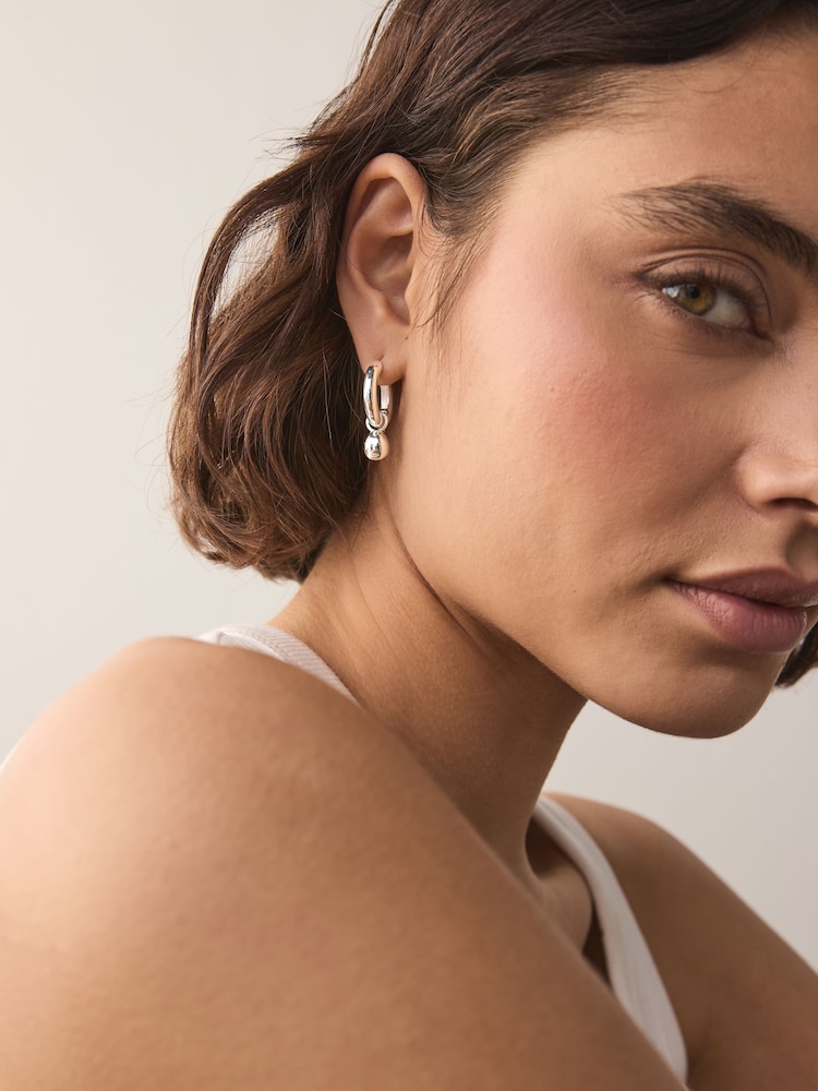 Silver Tone Ball Hoop Earrings - Image 1 of 3 Silver Tone Ball Hoop Earrings - Image 1 of 3