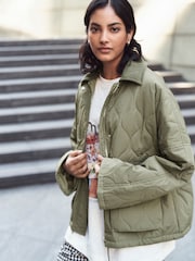 Sage Green Quilted Corduroy Collar Jacket - Image 1 of 6