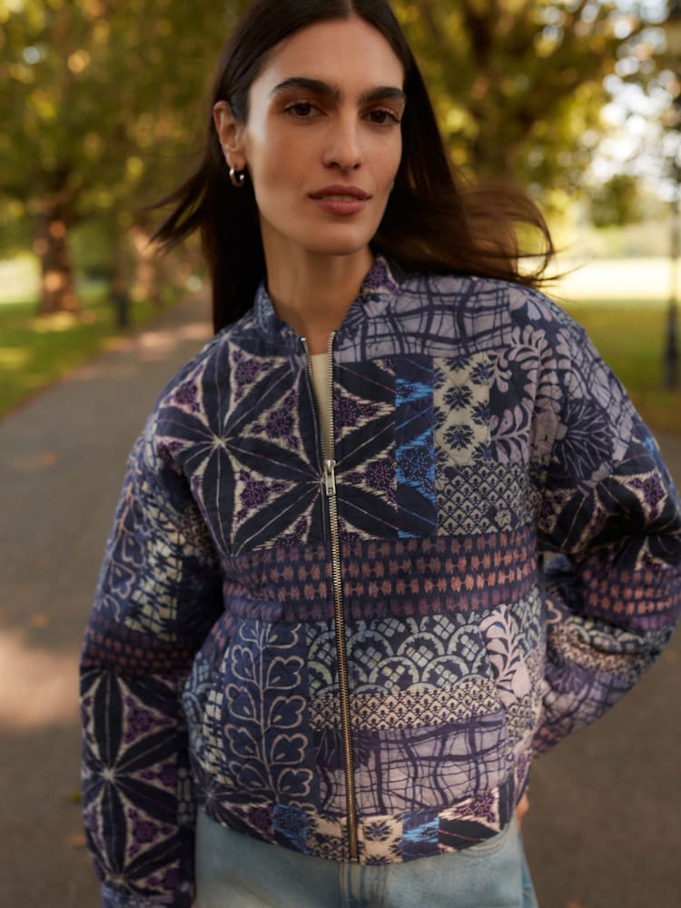 Blue Patchwork Kew Gardens Quilted Bomber Jacket - Image 1 of 8