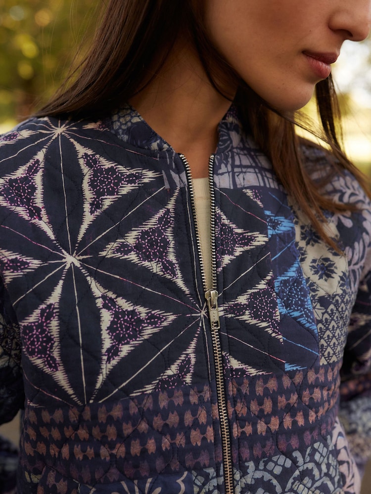 Blue Patchwork Kew Gardens Quilted Bomber Jacket - Image 2 of 8