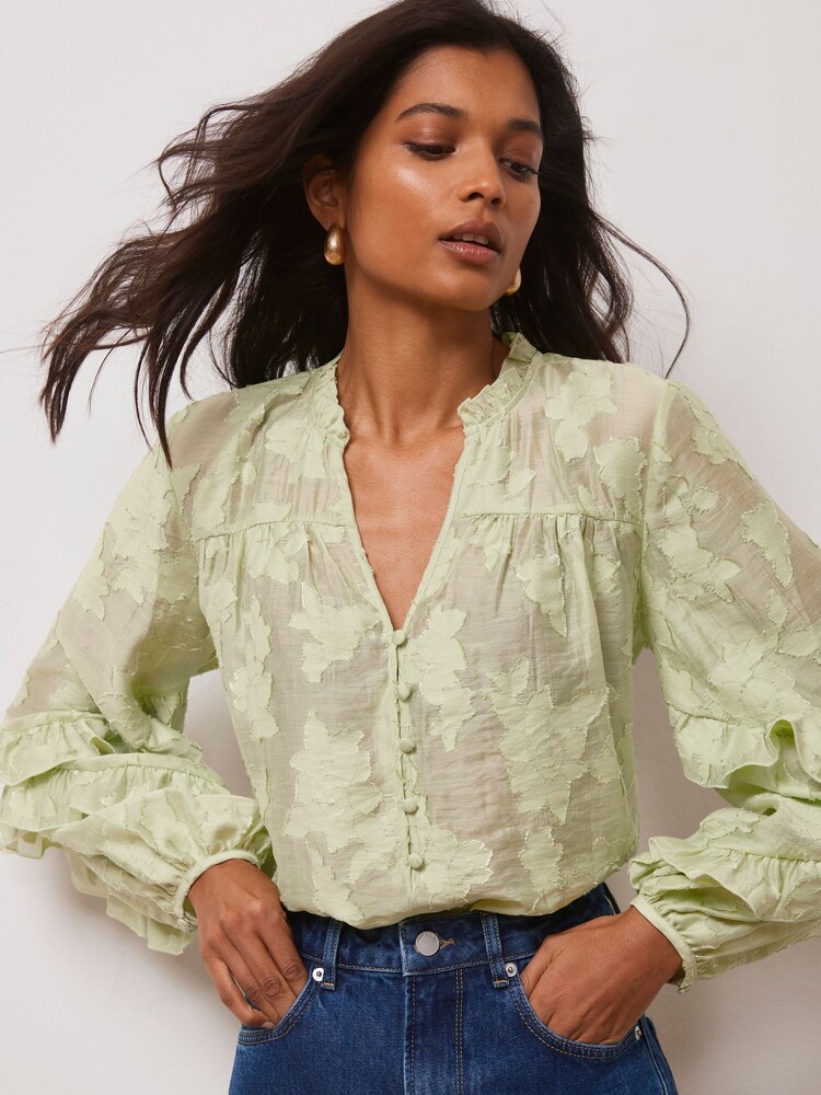 Mint Velvet Green Jacquard Ruffle Blouse - Image 1 of 1