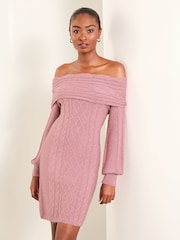 Lipsy Pink Off The Shoulder Knitted Long Sleeve Mini Dress - Image 1 of 4