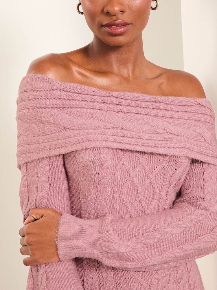 Lipsy Pink Off The Shoulder Knitted Long Sleeve Mini Dress - Image 2 of 4