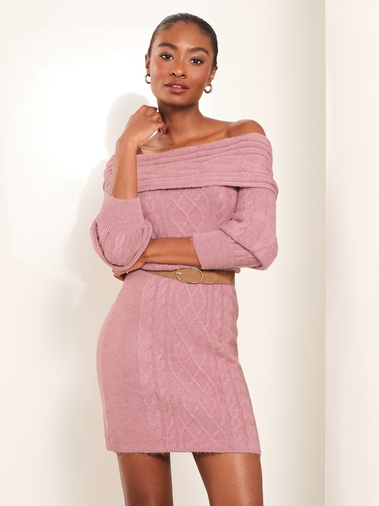 Buy Lipsy Pink Off The Shoulder Knitted Long Sleeve Mini Dress