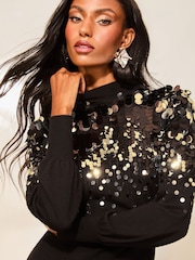 Lipsy Black Sequin Disc Knitted Mini Dress - Image 2 of 4