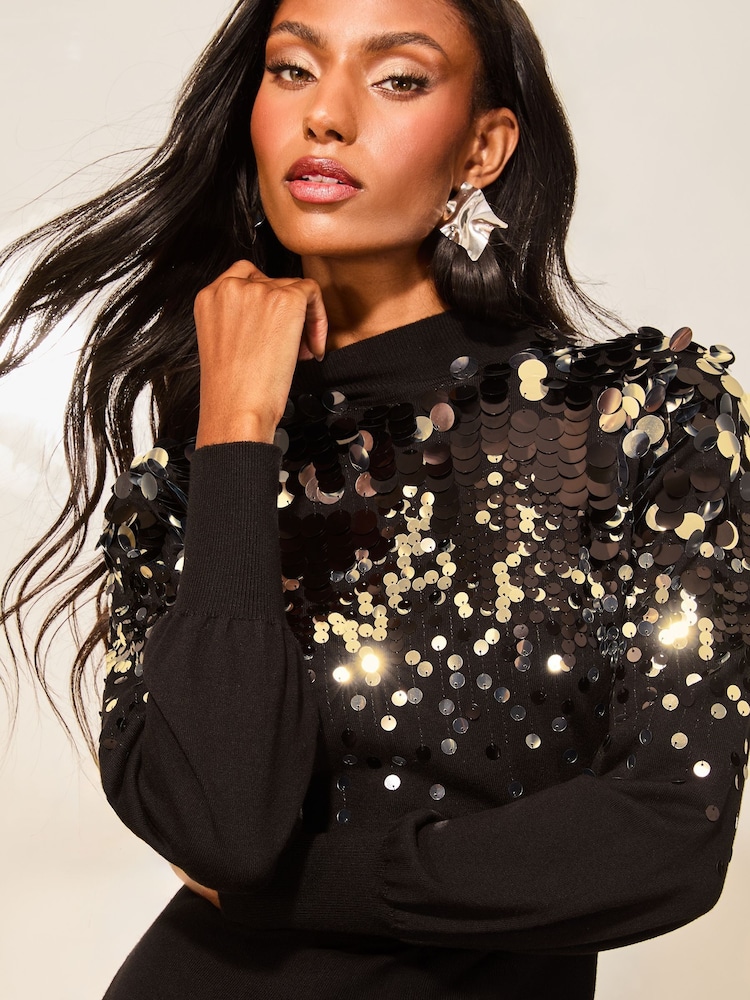 Lipsy Black Sequin Disc Knitted Mini Dress - Image 2 of 4