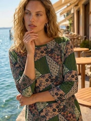 Roman Green Floral Patchwork Stretch Top - Image 1 of 4