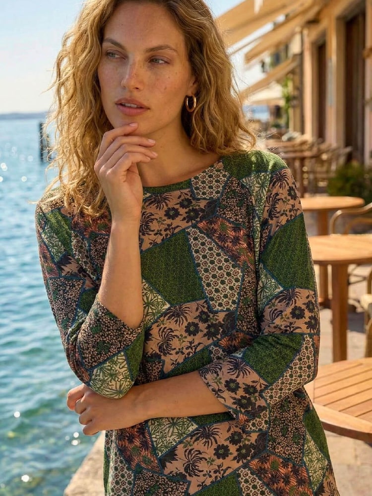 Roman Green Floral Patchwork Stretch Top - Image 1 of 4 Roman Green Floral Patchwork Stretch Top - Image 1 of 4
