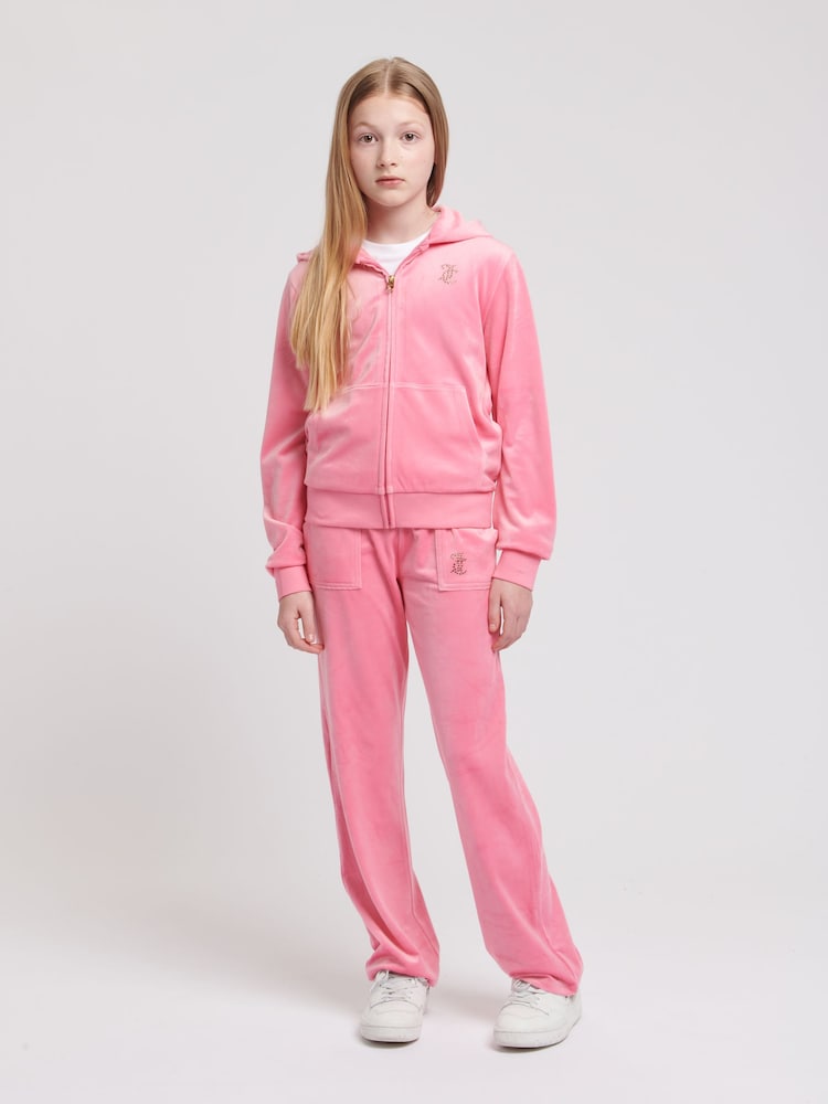 Juicy Couture Pink Girls Diamanté Zip-Through Wide Leg Joggers Tracksuit Set - Image 1 of 7