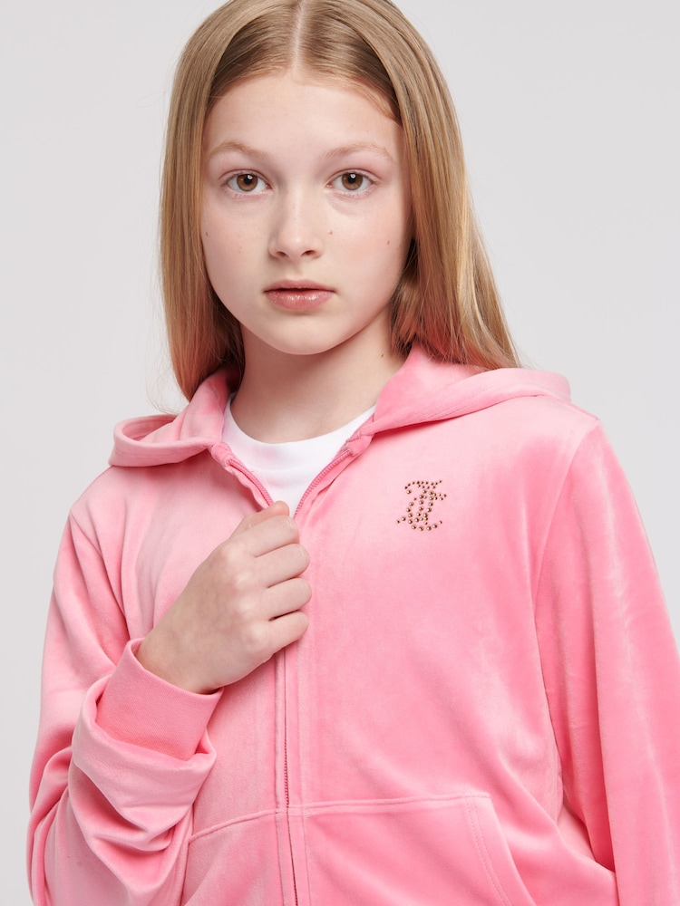 Juicy Couture Pink Girls Diamanté Zip-Through Wide Leg Joggers Tracksuit Set - Image 3 of 7