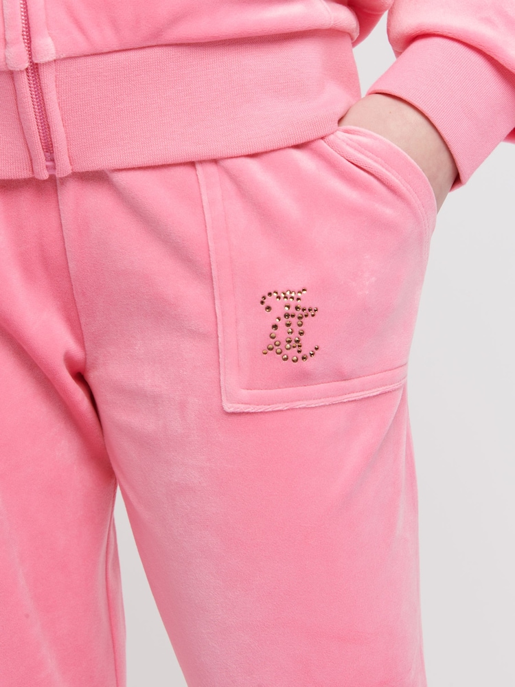 Juicy Couture Pink Girls Diamanté Zip-Through Wide Leg Joggers Tracksuit Set - Image 4 of 7