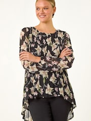 Roman Black Floral Print Pleated Top - Image 1 of 5