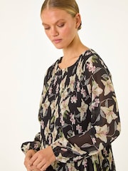 Roman Black Floral Print Pleated Top - Image 2 of 5