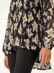 Roman Black Floral Print Pleated Top - Image 3 of 5