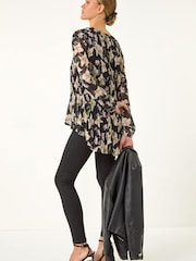 Roman Black Floral Print Pleated Top - Image 4 of 5