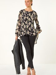 Roman Black Floral Print Pleated Top - Image 5 of 5