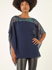 Roman Blue Sequin Yoke Contrast Chiffon Top - Image 1 of 5