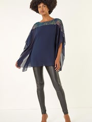 Roman Blue Sequin Yoke Contrast Chiffon Top - Image 3 of 5
