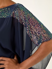 Roman Blue Sequin Yoke Contrast Chiffon Top - Image 5 of 5