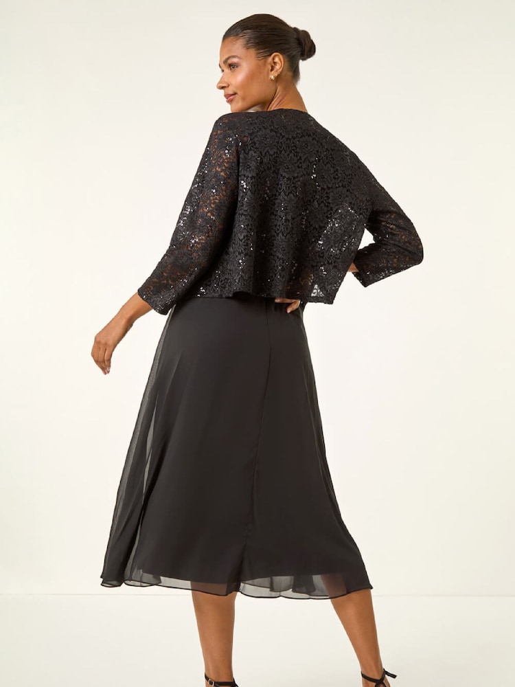 Roman Black Glitter Sequin Lace Top - Image 2 of 5 Roman Black Glitter Sequin Lace Top - Image 2 of 5