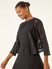 Roman Black Glitter Sequin Lace Top - Image 4 of 5