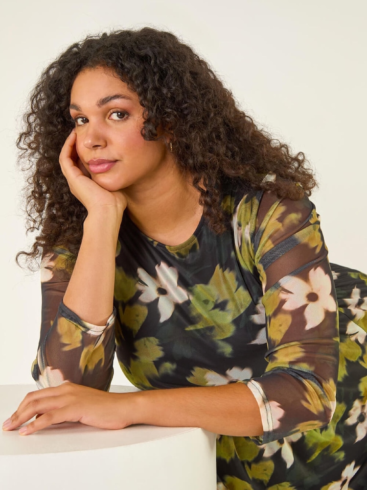 Roman Green Curve Floral Print Mesh Midi Dress - Image 1 of 5